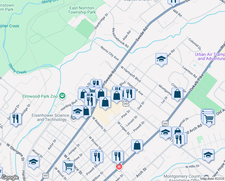 map of restaurants, bars, coffee shops, grocery stores, and more near 365 West Johnson Highway in East Norriton