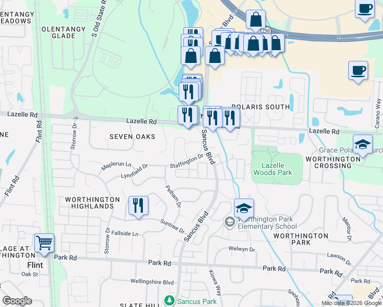 map of restaurants, bars, coffee shops, grocery stores, and more near 8233 Gradington Drive in Westerville