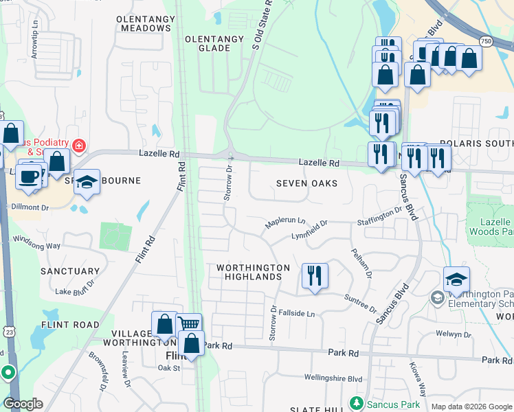 map of restaurants, bars, coffee shops, grocery stores, and more near 627 Ozem Gardner Way in Westerville
