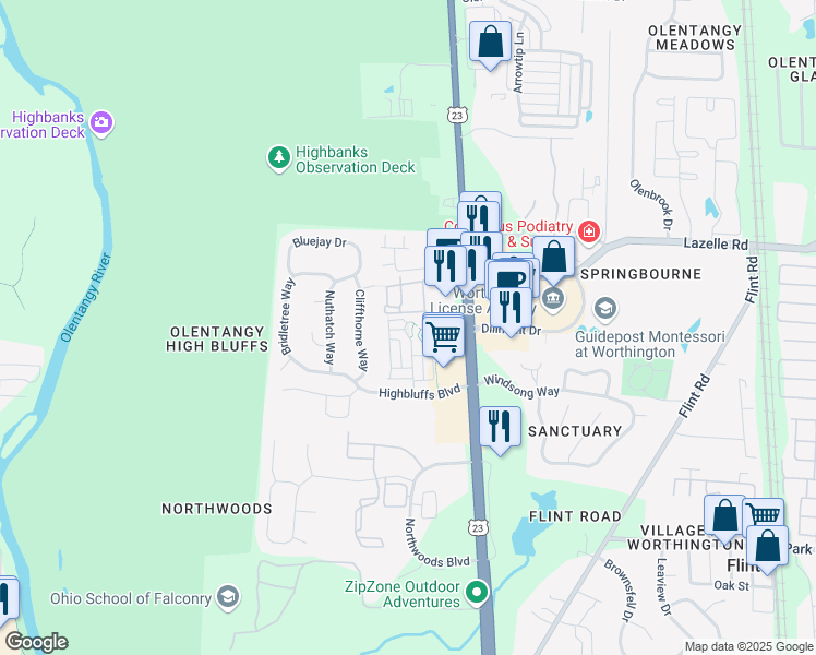 map of restaurants, bars, coffee shops, grocery stores, and more near 8340 Linton Boulevard in Columbus