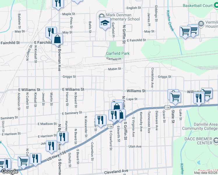 map of restaurants, bars, coffee shops, grocery stores, and more near 1201-1223 E Williams St in Danville