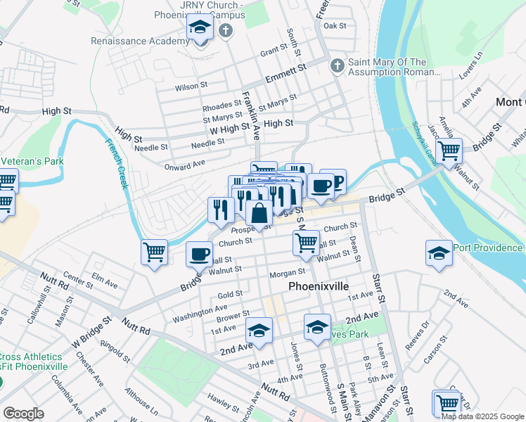 map of restaurants, bars, coffee shops, grocery stores, and more near 311 Bridge Street in Phoenixville