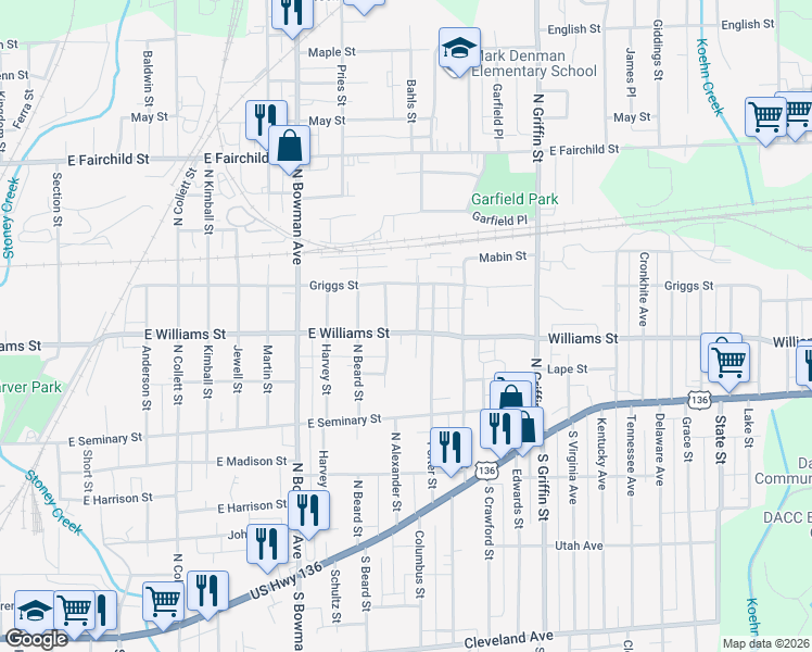 map of restaurants, bars, coffee shops, grocery stores, and more near 1009 East Williams Street in Danville