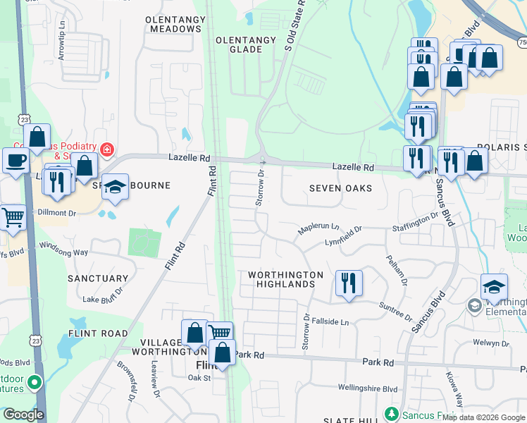 map of restaurants, bars, coffee shops, grocery stores, and more near 8302 Stratford Chase Drive in Westerville