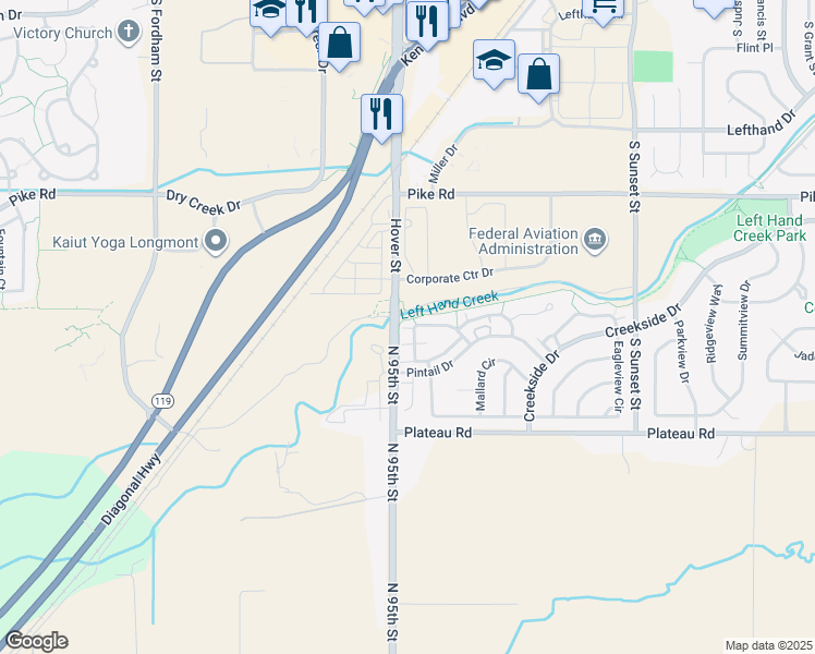 map of restaurants, bars, coffee shops, grocery stores, and more near 2229 Watersong Circle in Longmont