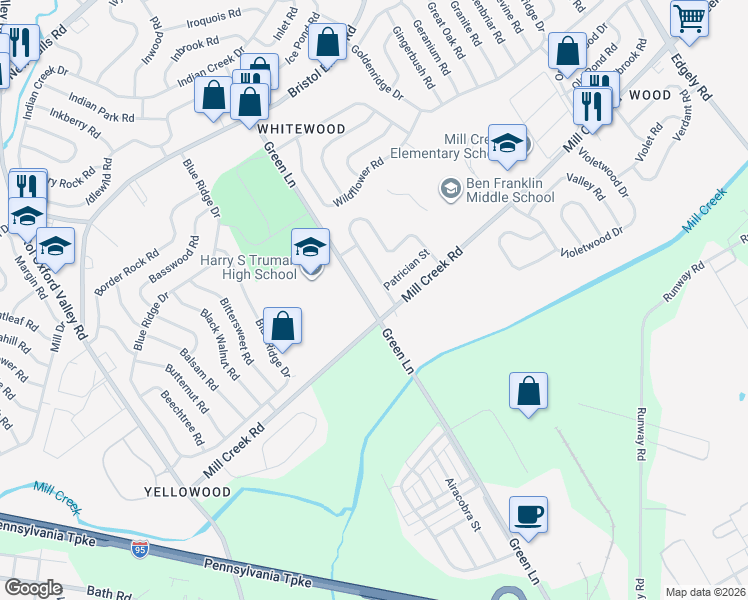 map of restaurants, bars, coffee shops, grocery stores, and more near 1009 Green Lane in Levittown