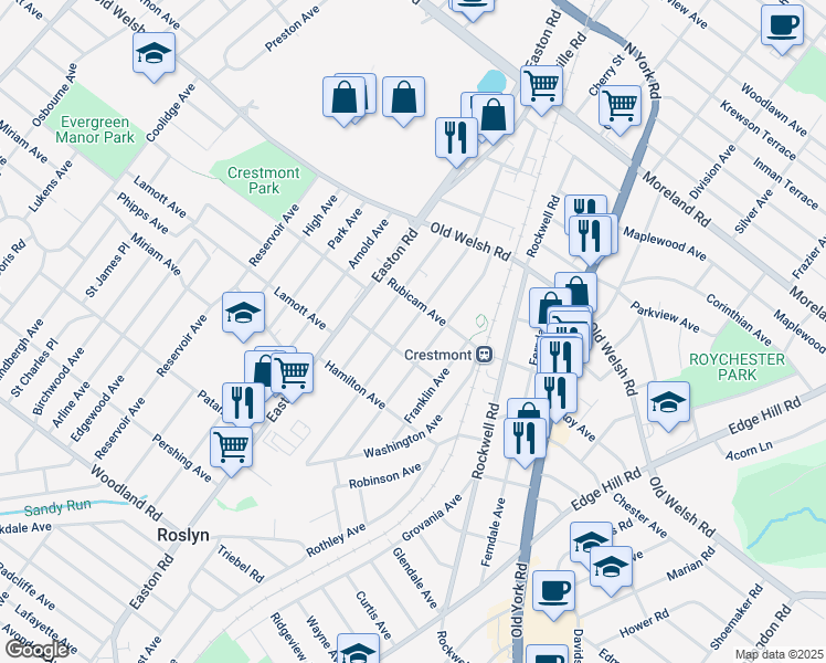 map of restaurants, bars, coffee shops, grocery stores, and more near 1661 Fairview Avenue in Willow Grove