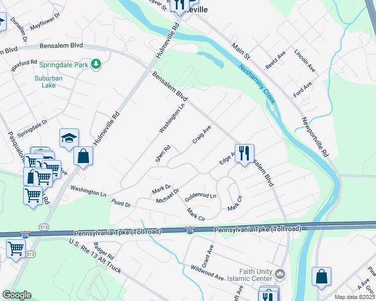 map of restaurants, bars, coffee shops, grocery stores, and more near 6185 Craig Avenue in Bensalem