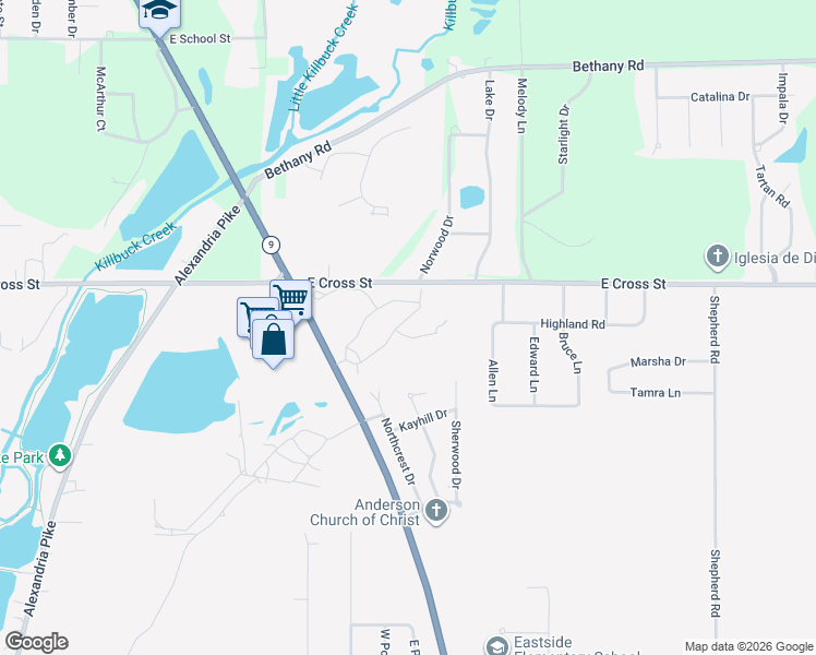 map of restaurants, bars, coffee shops, grocery stores, and more near 1808 South Cross Lakes Circle in Anderson