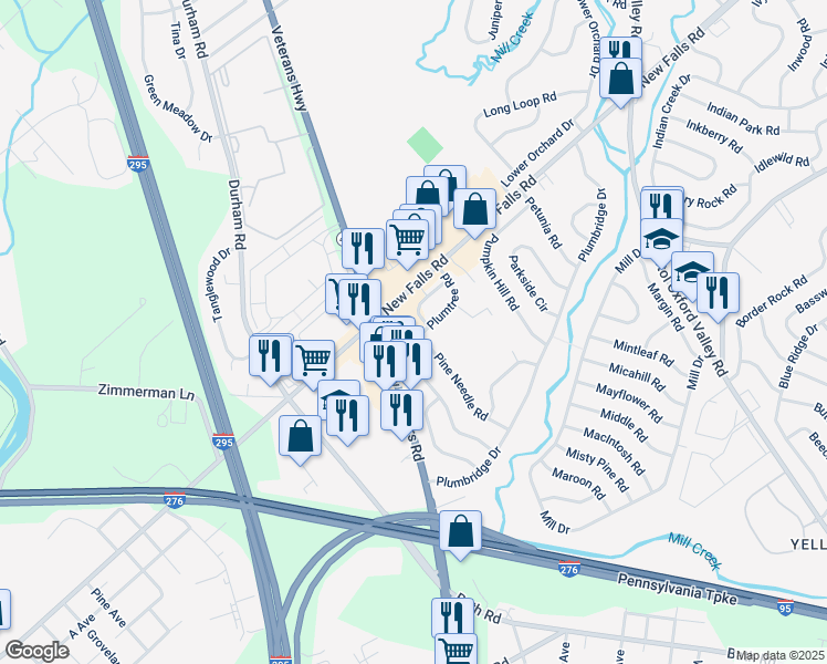 map of restaurants, bars, coffee shops, grocery stores, and more near 85 Plumtree Road in Levittown