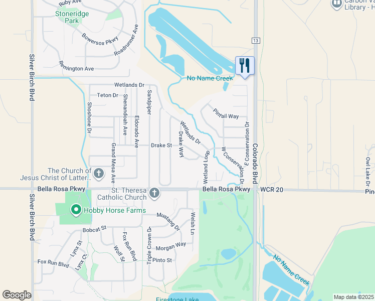 map of restaurants, bars, coffee shops, grocery stores, and more near 5541 Drake Street in Longmont