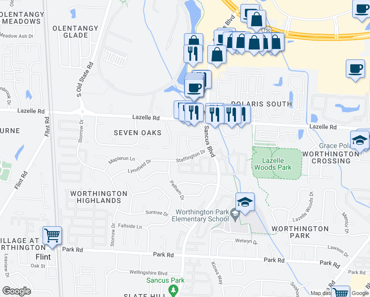 map of restaurants, bars, coffee shops, grocery stores, and more near 8250 Gradington Drive in Westerville