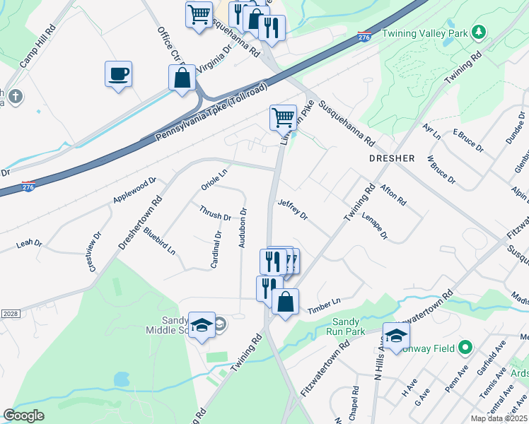 map of restaurants, bars, coffee shops, grocery stores, and more near 1940 Limekiln Pike in Dresher