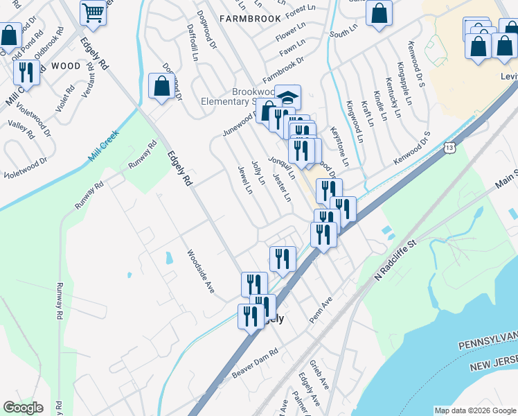 map of restaurants, bars, coffee shops, grocery stores, and more near 17 Jewel Lane in Levittown