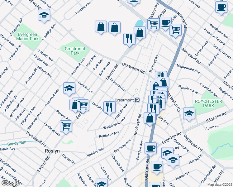 map of restaurants, bars, coffee shops, grocery stores, and more near 1661 Fairview Avenue in Willow Grove