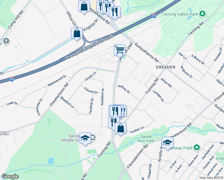 map of restaurants, bars, coffee shops, grocery stores, and more near 1940 Limekiln Pike in Dresher