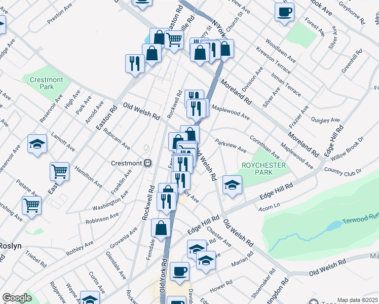map of restaurants, bars, coffee shops, grocery stores, and more near 1769 Pennsylvania 611 in Abington