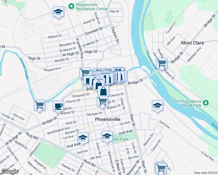 map of restaurants, bars, coffee shops, grocery stores, and more near 158 Bridge Street in Phoenixville