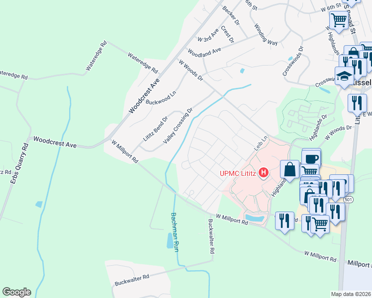 map of restaurants, bars, coffee shops, grocery stores, and more near 487 Allegiance Drive in Lititz