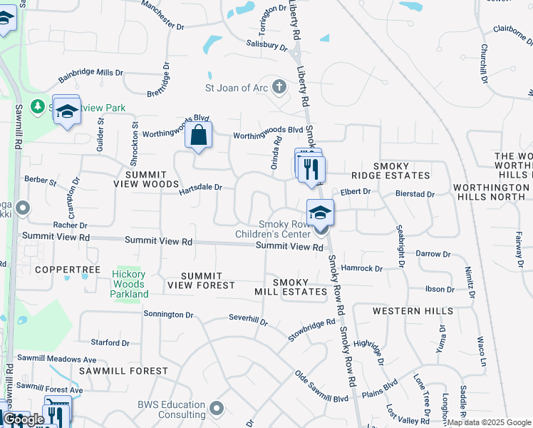 map of restaurants, bars, coffee shops, grocery stores, and more near 2168 Summit Row Boulevard in Powell