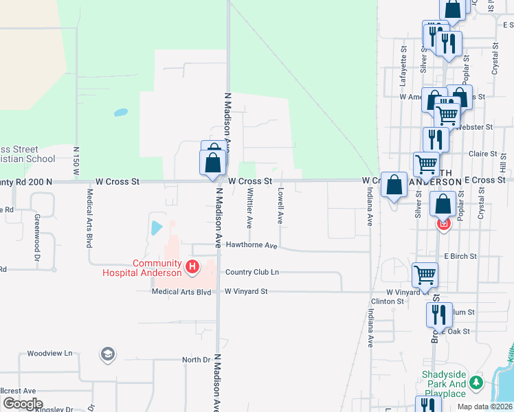 map of restaurants, bars, coffee shops, grocery stores, and more near 1904 Whittier Avenue in Anderson