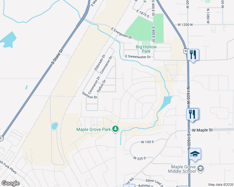 map of restaurants, bars, coffee shops, grocery stores, and more near 226 East 2525 South in Springville