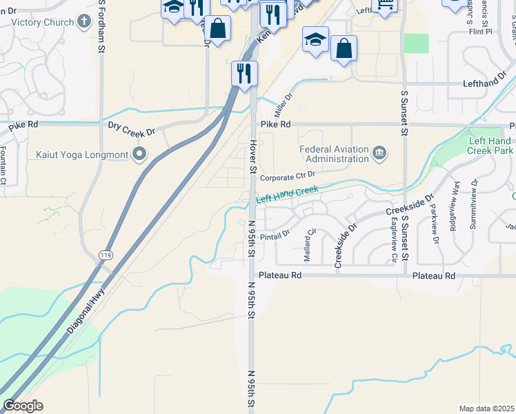 map of restaurants, bars, coffee shops, grocery stores, and more near 2229 Watersong Circle in Longmont
