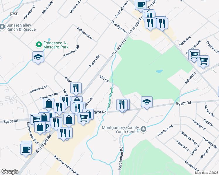 map of restaurants, bars, coffee shops, grocery stores, and more near 316 Willowbrook Drive in Norristown
