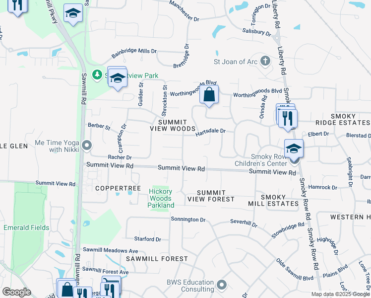 map of restaurants, bars, coffee shops, grocery stores, and more near 8722 Shillington Drive in Powell