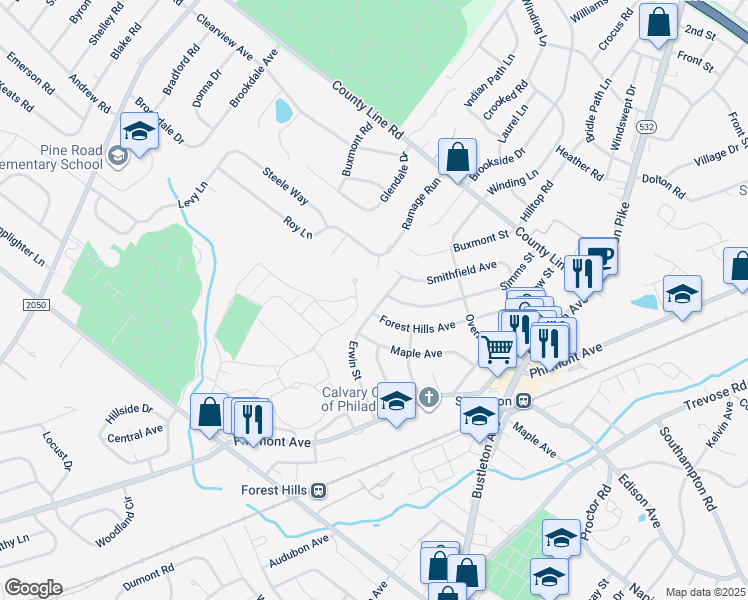 map of restaurants, bars, coffee shops, grocery stores, and more near 14060 Erwin Street in Philadelphia