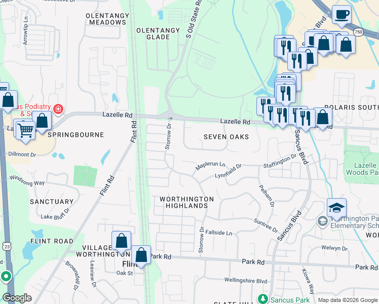 map of restaurants, bars, coffee shops, grocery stores, and more near 627 Ozem Gardner Way in Westerville