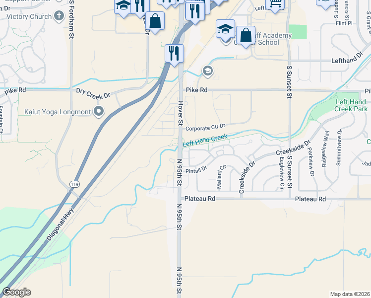 map of restaurants, bars, coffee shops, grocery stores, and more near 2229 Watersong Circle in Longmont