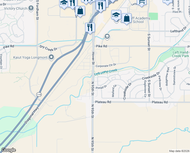 map of restaurants, bars, coffee shops, grocery stores, and more near 2229 Watersong Circle in Longmont