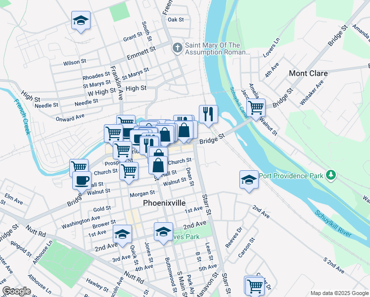 map of restaurants, bars, coffee shops, grocery stores, and more near 101 Bridge Street in Phoenixville
