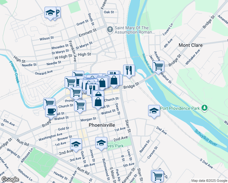 map of restaurants, bars, coffee shops, grocery stores, and more near 101 Bridge Street in Phoenixville