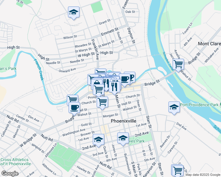 map of restaurants, bars, coffee shops, grocery stores, and more near 227 Bridge Street in Phoenixville