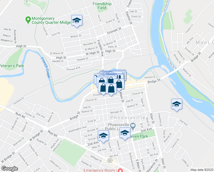 map of restaurants, bars, coffee shops, grocery stores, and more near 227 Bridge Street in Phoenixville