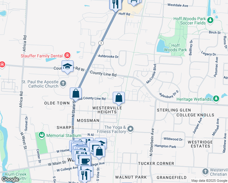 map of restaurants, bars, coffee shops, grocery stores, and more near 140 Old County Line Road in Westerville