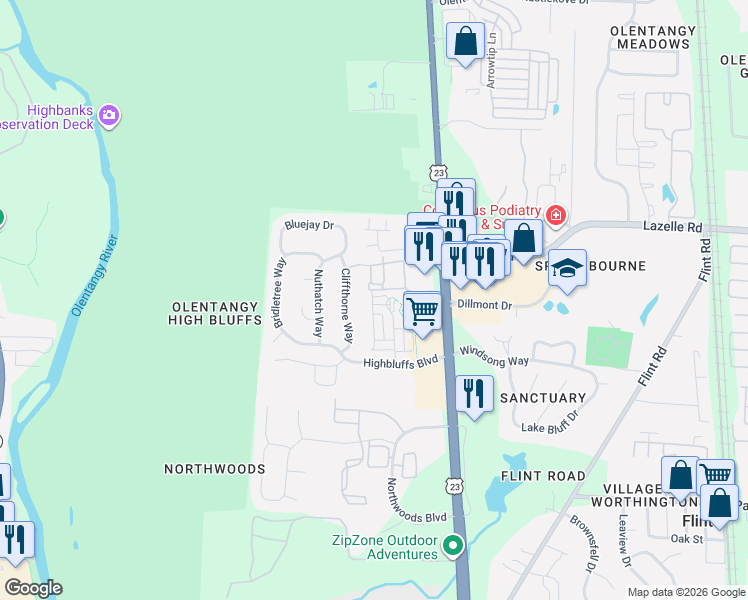 map of restaurants, bars, coffee shops, grocery stores, and more near 8402 Cliffthorne Way in Columbus