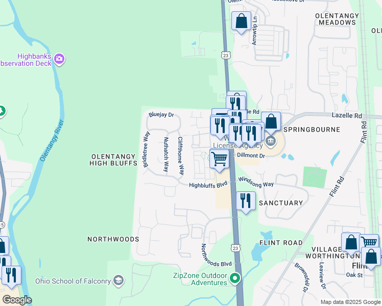 map of restaurants, bars, coffee shops, grocery stores, and more near 8402 Cliffthorne Way in Columbus