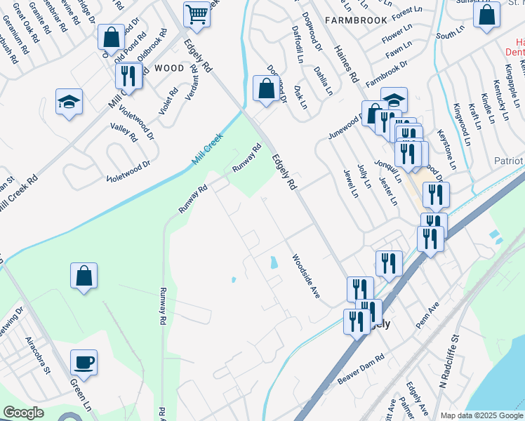 map of restaurants, bars, coffee shops, grocery stores, and more near 74 Woodside Avenue in Levittown