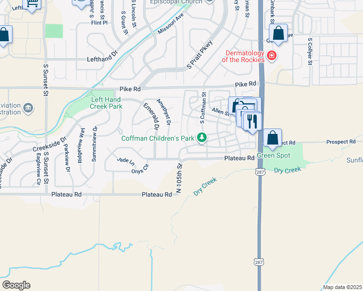 map of restaurants, bars, coffee shops, grocery stores, and more near 1020 Confidence Drive in Longmont