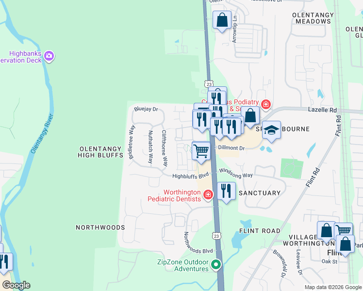 map of restaurants, bars, coffee shops, grocery stores, and more near 110 Gifford Road in Columbus