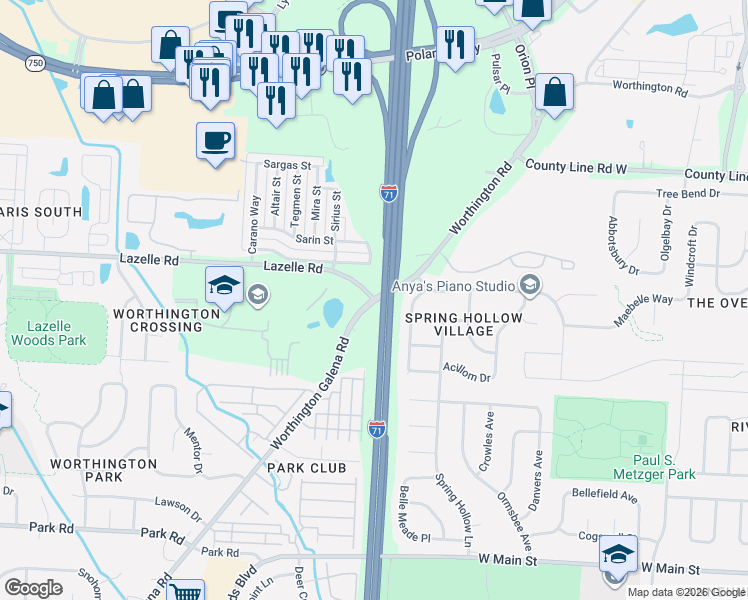 map of restaurants, bars, coffee shops, grocery stores, and more near in Columbus