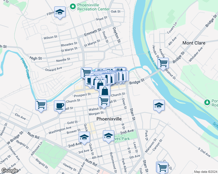 map of restaurants, bars, coffee shops, grocery stores, and more near 164 Bridge Street in Phoenixville