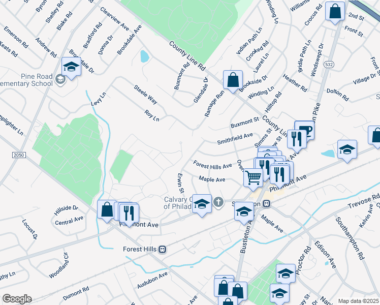 map of restaurants, bars, coffee shops, grocery stores, and more near 14060 Erwin Street in Philadelphia