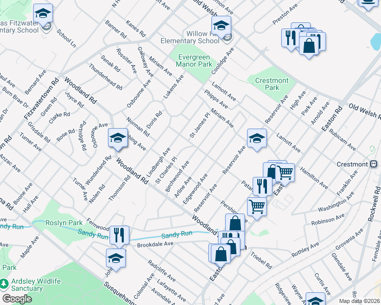 map of restaurants, bars, coffee shops, grocery stores, and more near 1443 Birchwood Avenue in Abington