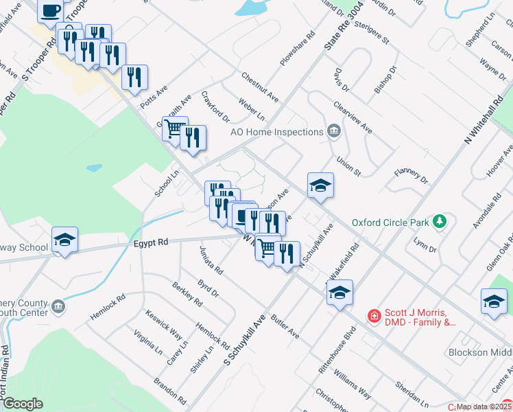map of restaurants, bars, coffee shops, grocery stores, and more near 45 Jefferson Avenue in Eagleville