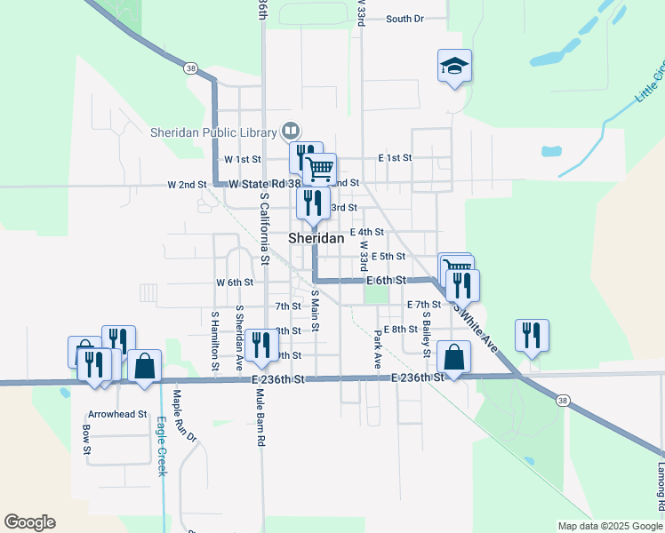 map of restaurants, bars, coffee shops, grocery stores, and more near 502 South Georgia Street in Sheridan