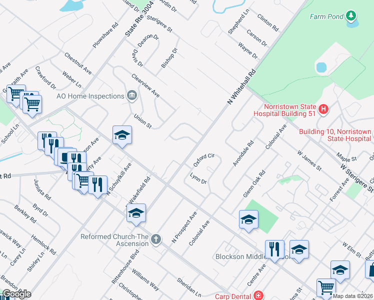 map of restaurants, bars, coffee shops, grocery stores, and more near 135 North Whitehall Road in Eagleville